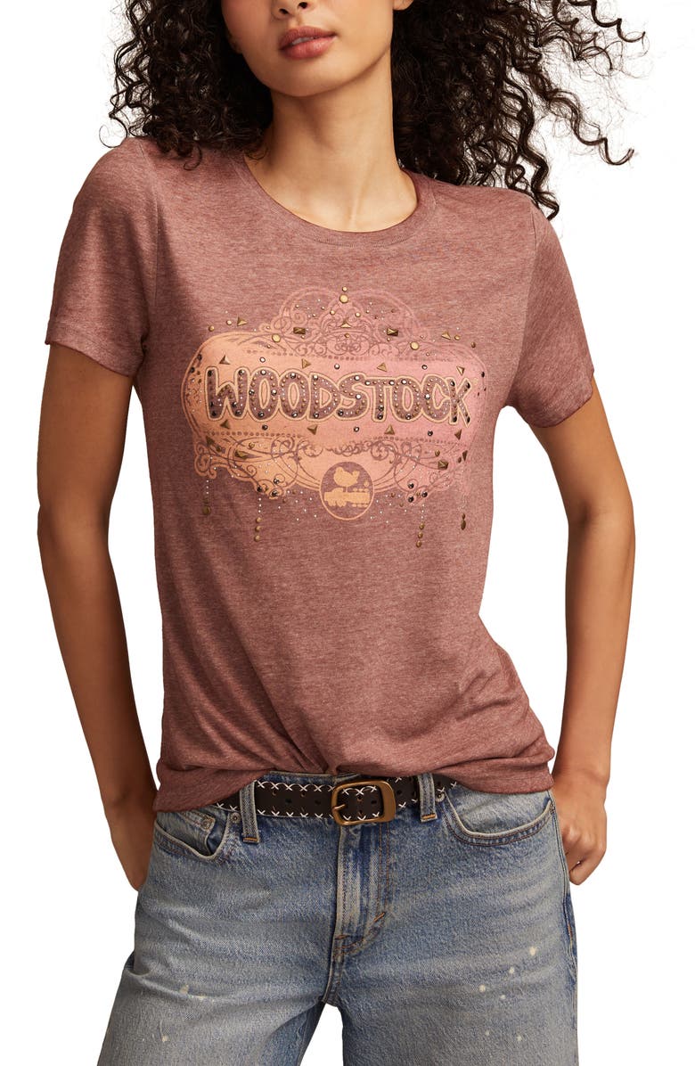 Lucky Brand Woodstock Embellished Graphic T-Shirt, Main, color, Bitter Chocolate