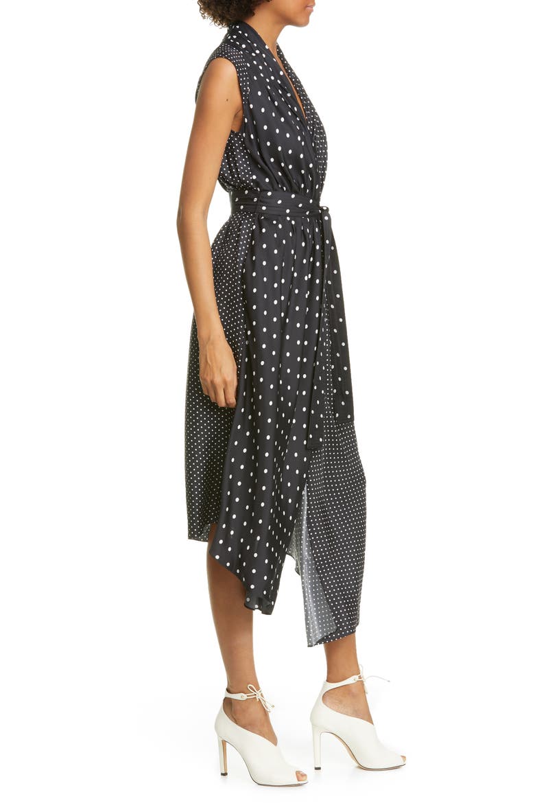 Asymmetrical Polka Dot Silk Midi Dress, Alternate, color, POLKA DOT BLACK/ WHIT