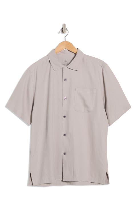 Herringbone Short Sleeve Silk Button-Up Camp Shirt