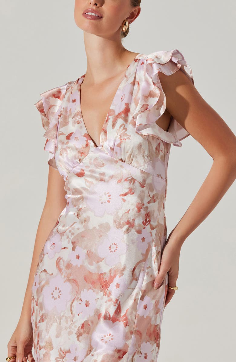 ASTR the Label Floral Flutter Sleeve Satin Maxi Dress, Alternate, color, 