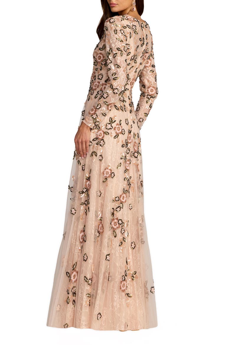 Embellished Lace Floral Long Sleeve A-Line Gown, Alternate, color, Rose Multi