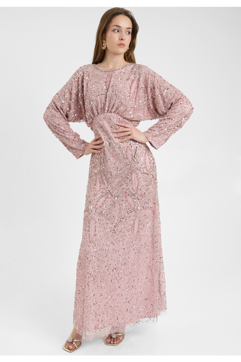 Modest Embellished Sequin Beaded Dress Maxi With long Flowey Sleeves, Alternate, color, FROSTED PINK