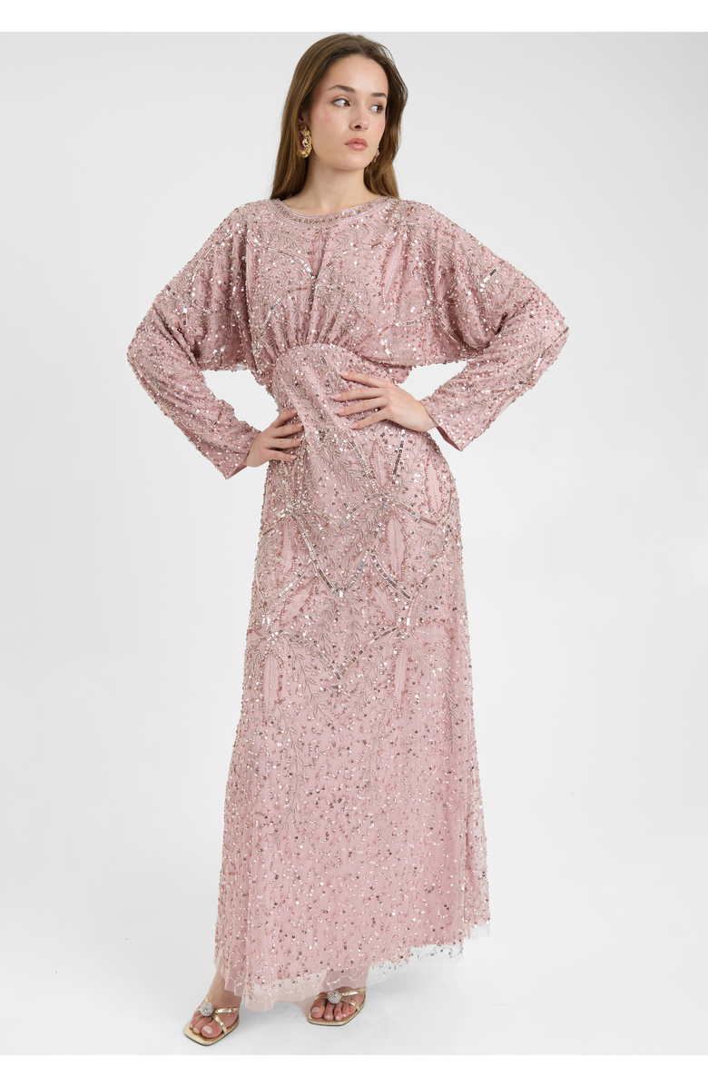 MARYISA Modest Embellished Sequin Beaded Dress Maxi With long Flowey Sleeves, Alternate, color, Frosted Pink