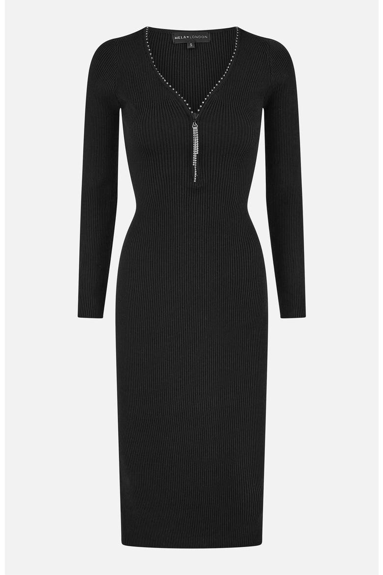 Ribbed Zip-Neckline Fitted Midi Dress, Alternate, color, Black
