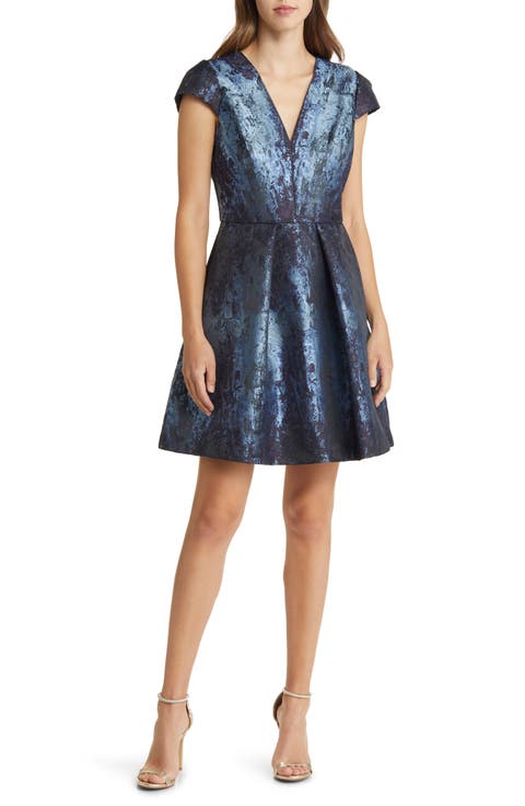 Metallic Abstract Print Jacquard Fit & Flare Dress