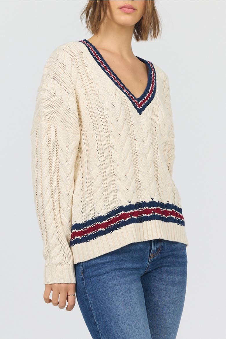 Kairi Long Sleeve V-Neck Cable Knit Sweater, Alternate, color, Academy Stripes