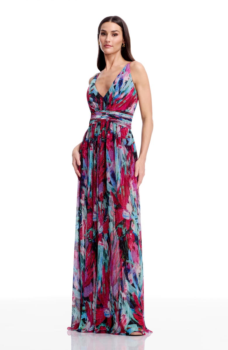 Dress the Population Taylor Metallic Floral Plissé Gown, Alternate, color, Bright Fuchsia Multi