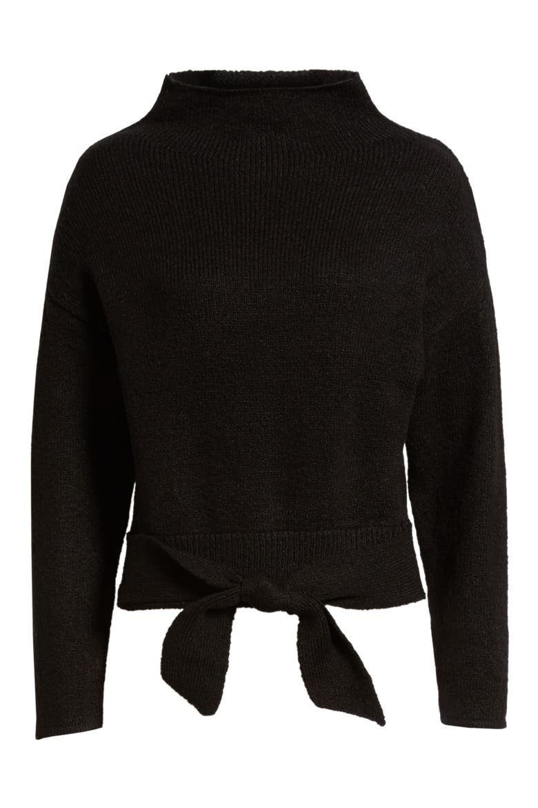 Tie Hem Funnel Neck Sweater, Alternate, color, BLACK