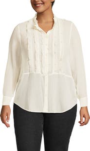 Lands' End Plus Size Chiffon Ruffle Front Long Sleeve Top