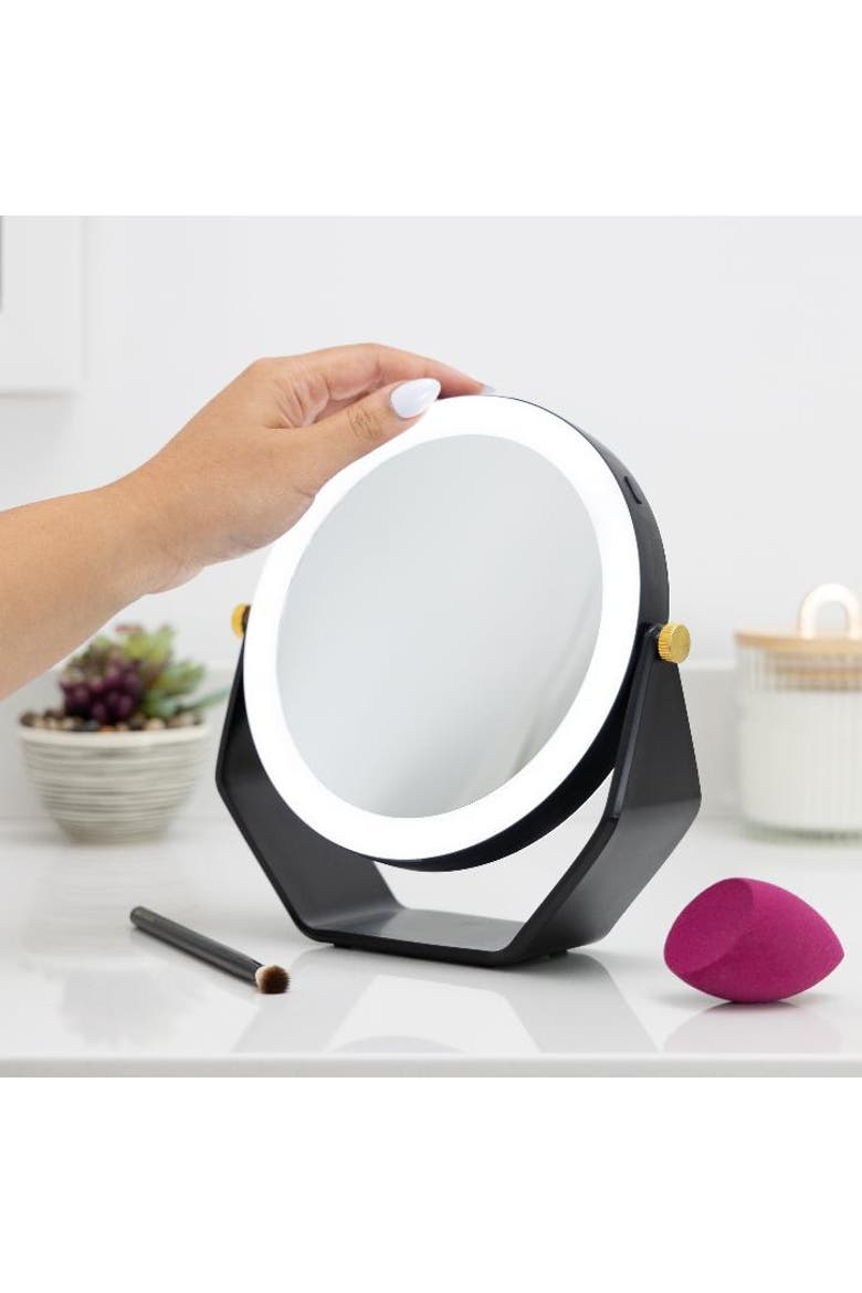 Lighted Makeup Mirror with 5X/1X Magnifications, Swivel & Battery, Alternate, color, Black