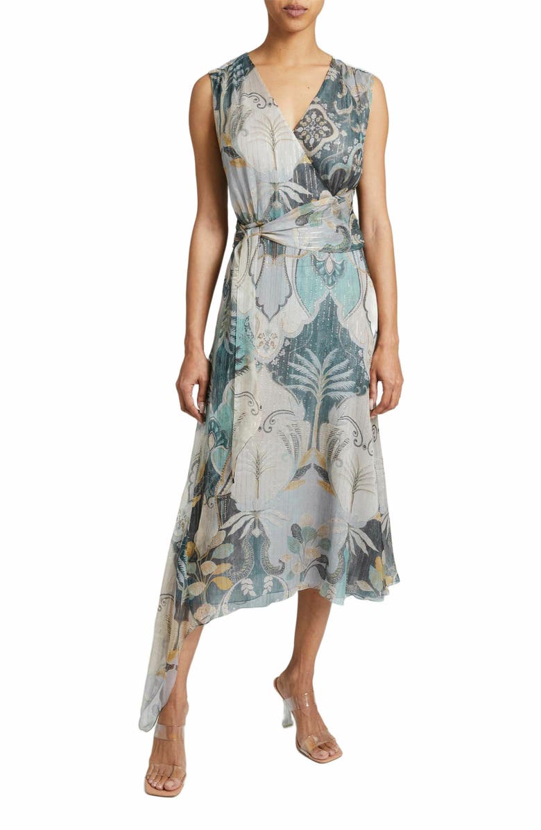 Santorelli VELIA Faux Wrap Dress in Printed Silk Crinkle Chiffon, Main, color, Indigo Multi