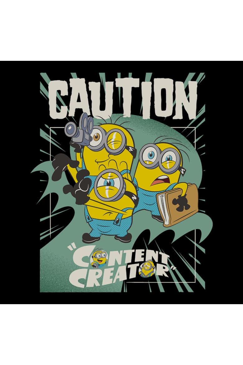Juniors Minions & Monsters Caution Content Creator T Shirt, Alternate, color, Black