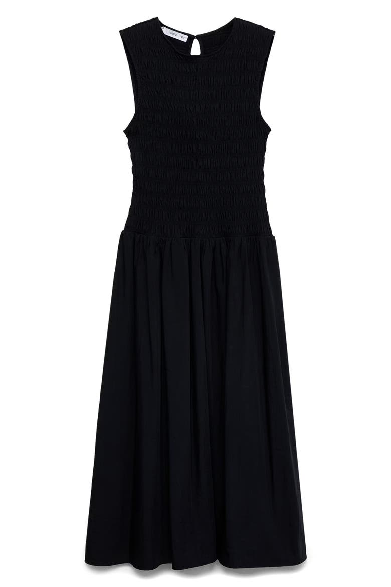 Maya Shirred Sleeveless Flare Midi Dress, Main, color, BLACK