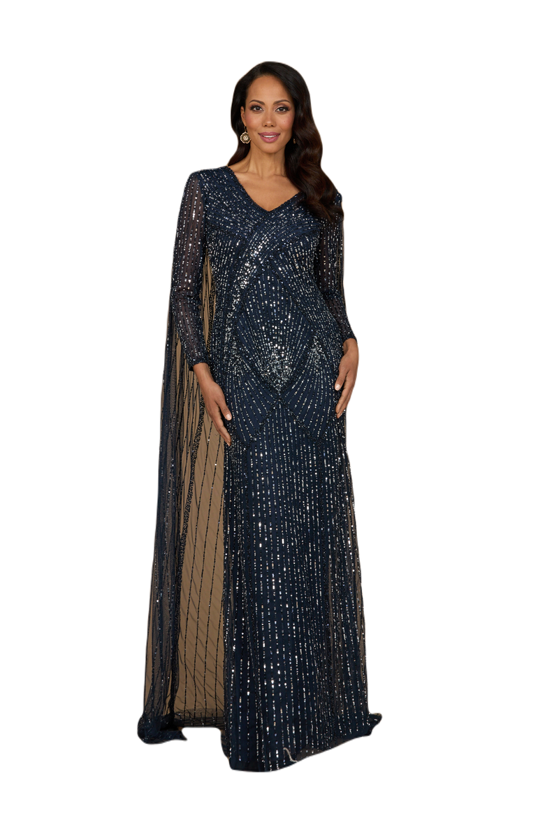 LARA New York Long Sleeve Beaded Gown with Cape, Main, color, Navy
