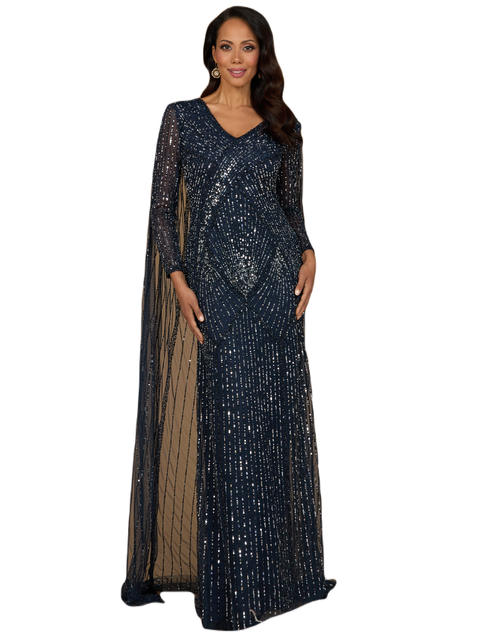 Long Sleeve Beaded Gown with Cape
