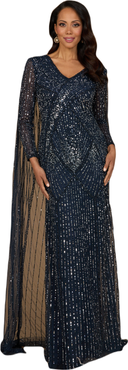 LARA New York Long Sleeve Beaded Gown with Cape