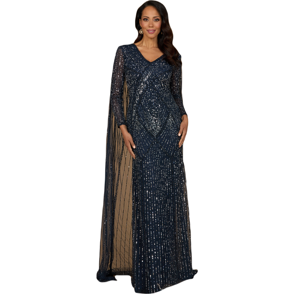 Lara New York Long Sleeve Beaded Gown With Cape In Navy