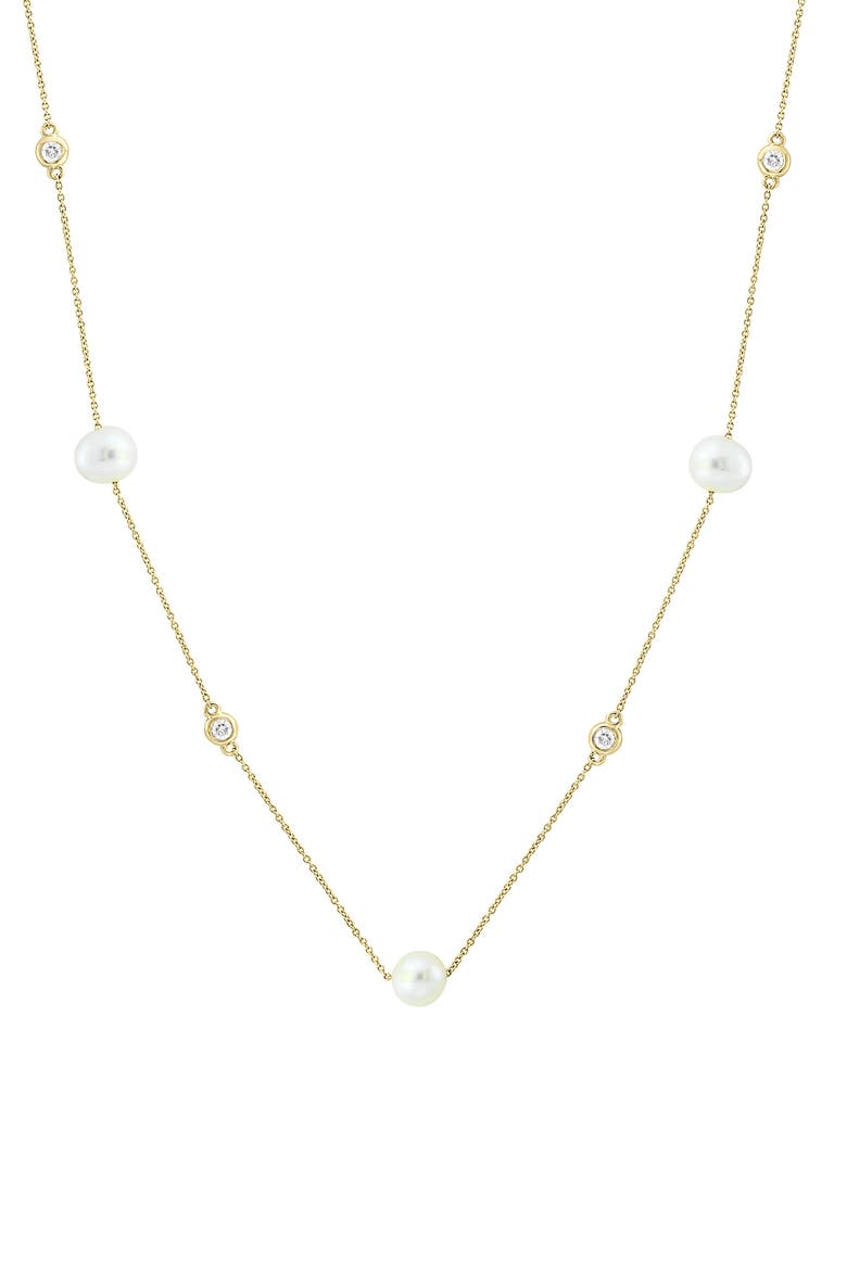 14K Yellow Gold Diamond-Accented Freshwater Pearl Station Necklace, Alternate, color, 14K Gold