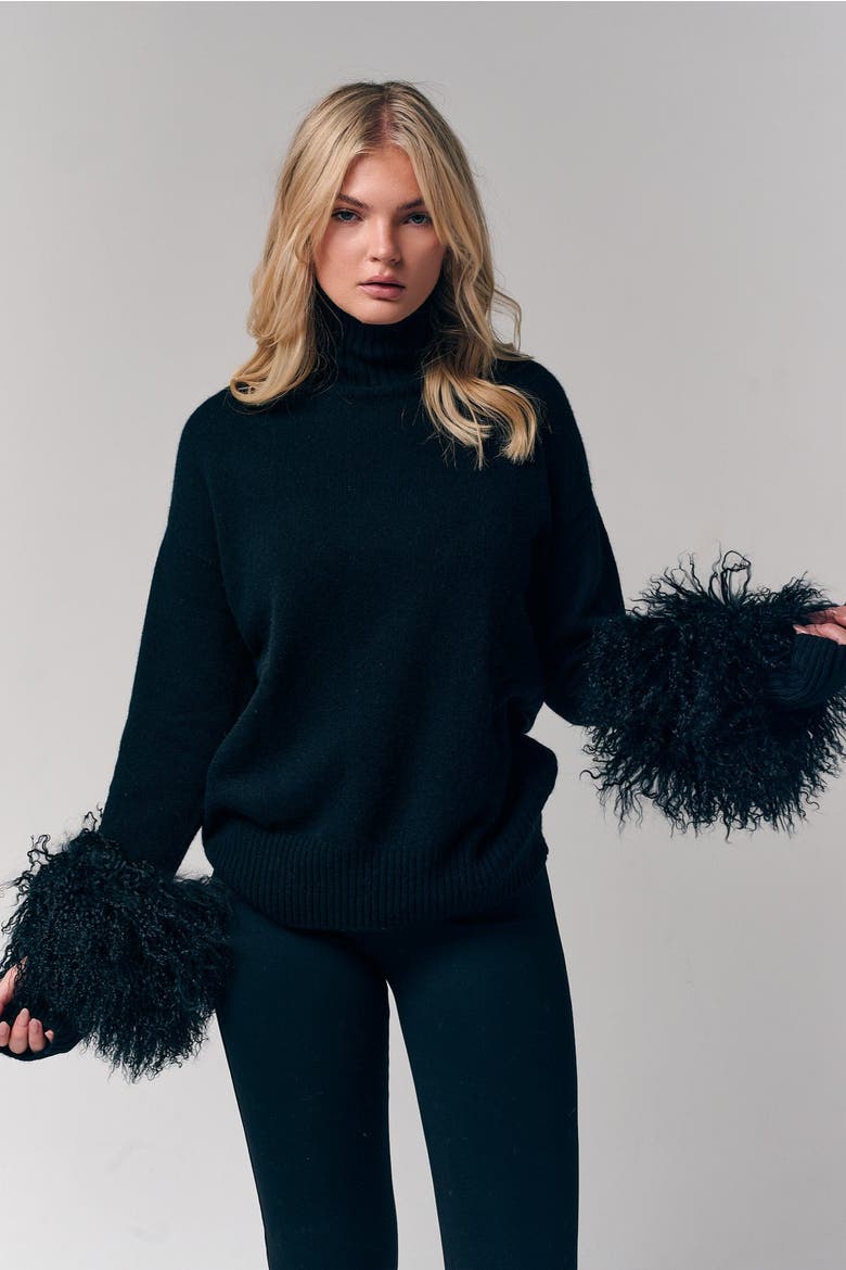 Mongolian Shearling Cuffs Cashmere Sweater, Alternate, color, Black