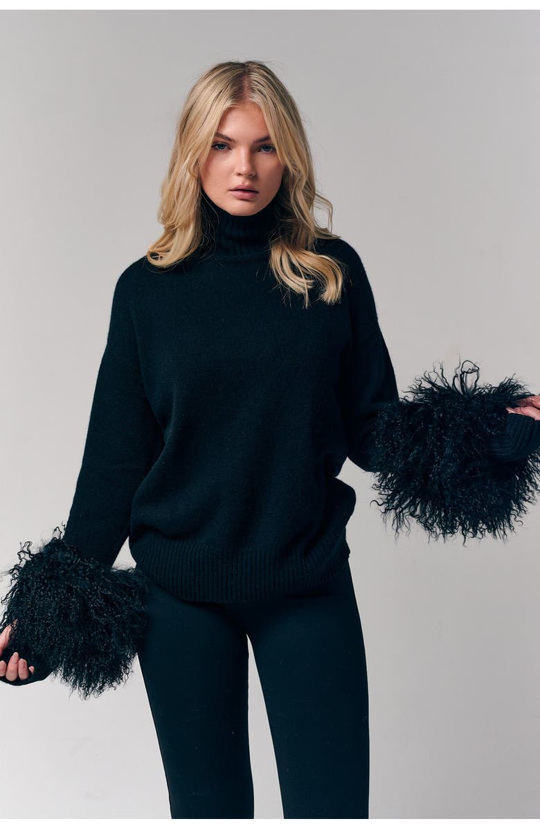 Le Fafo Mongolian Shearling Cuffs Cashmere Sweater, Alternate, color, Black