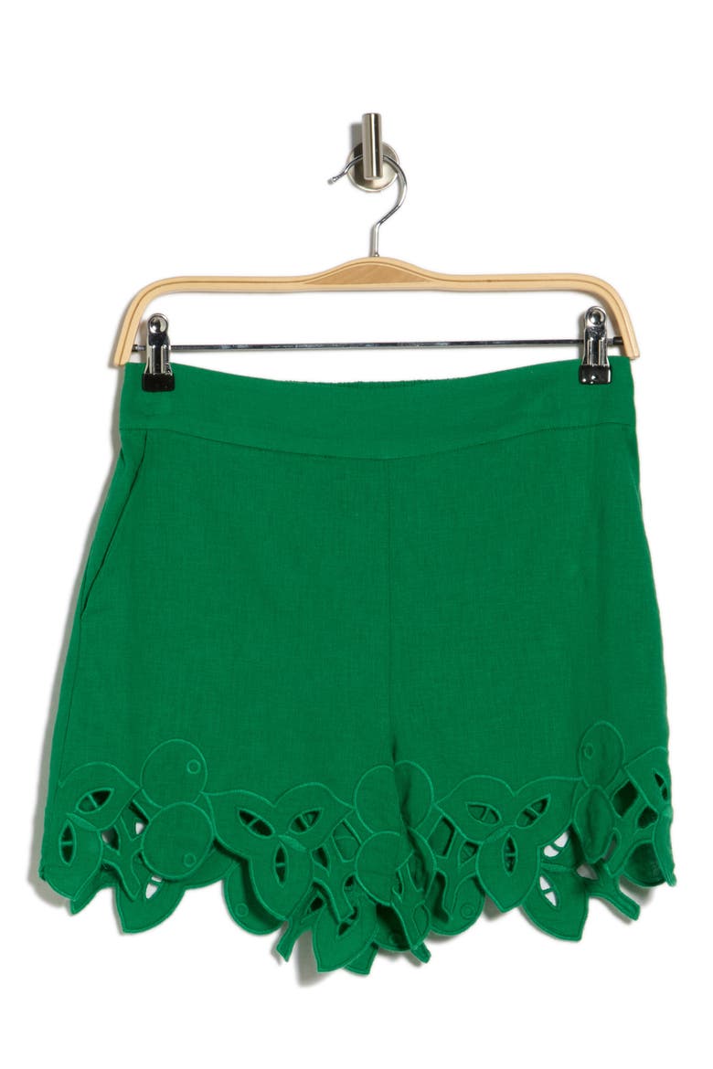 Embroidered Hem Linen Blend Shorts, Alternate, color, JUNGLE PALM