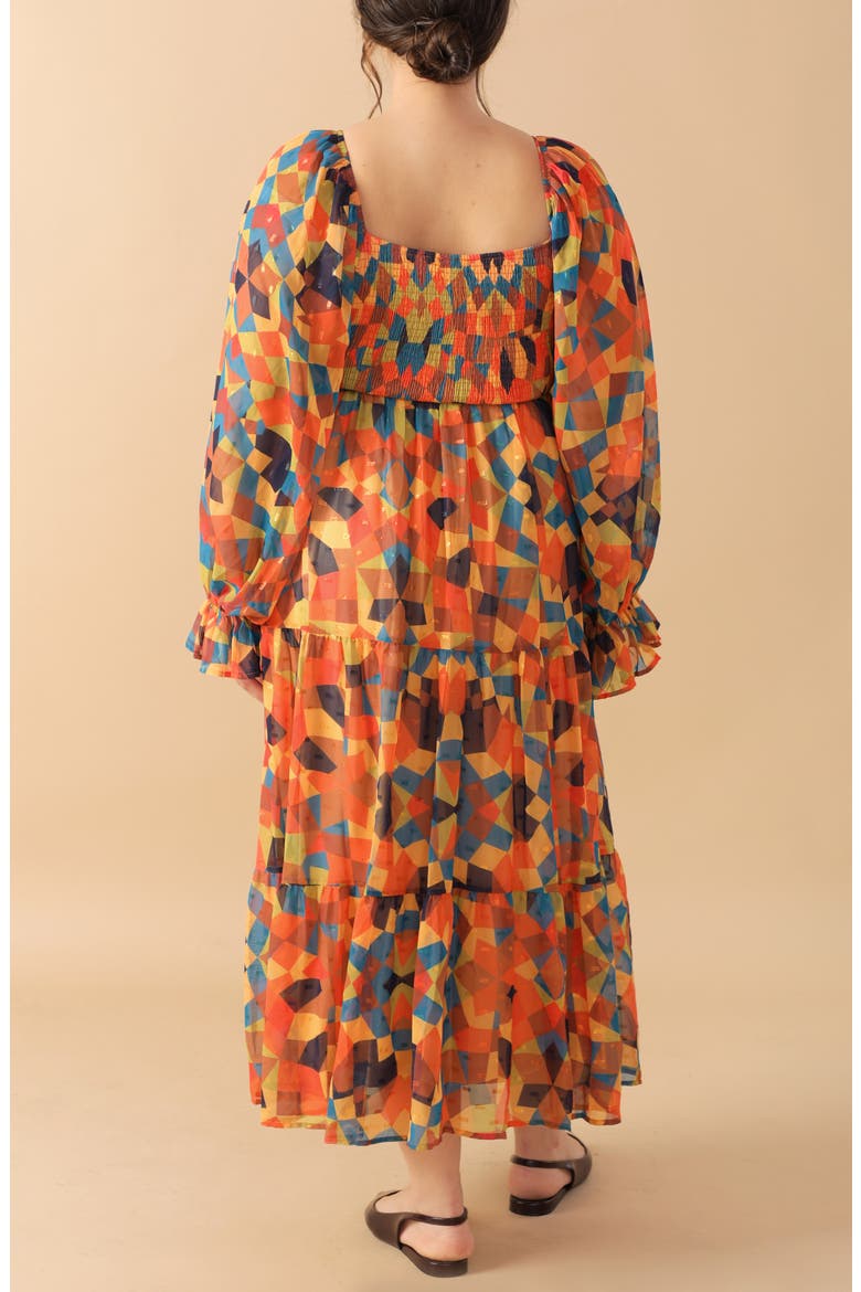 Long Sleeve Clip Dot Chiffon Midi Dress, Alternate, color, RUST NAVY