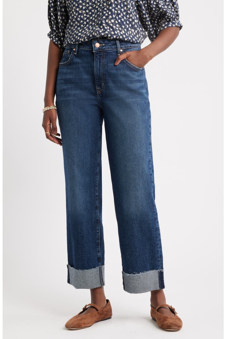 Cuffed High Waist Straight Leg Jeans, Main, color, DARK WASH
