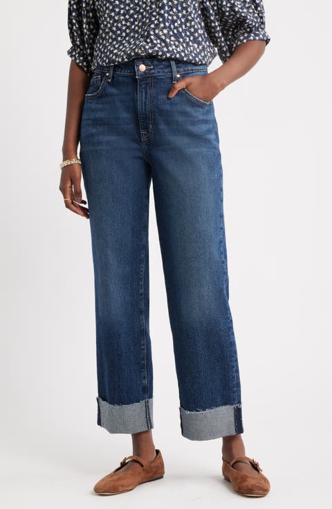 Cuffed High Waist Straight Leg Jeans
