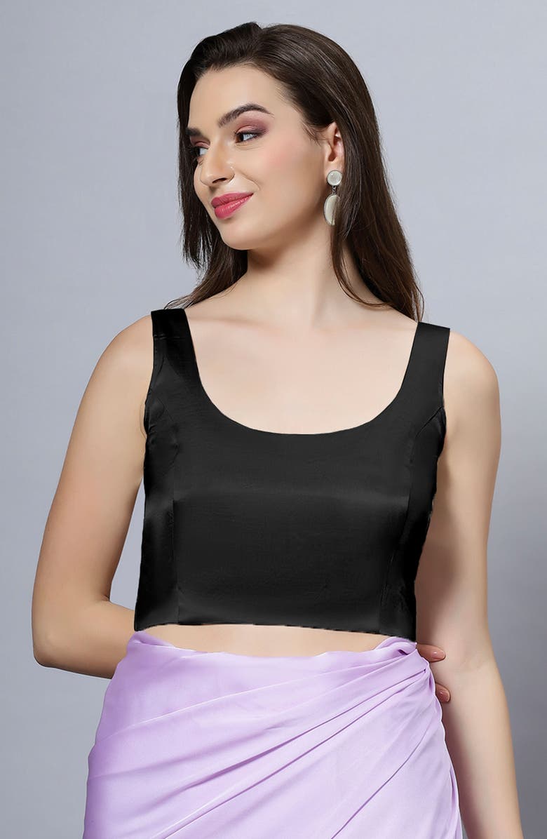 One Minute Saree<sup>®</sup> Reema Black Satin Comfort Stretch Deep U Adjustable Tie Back Saree Blouse, Main, color,