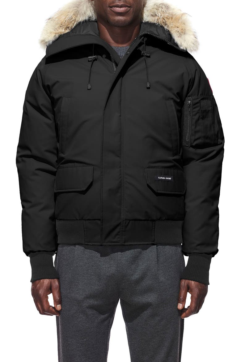 Chilliwack Down Bomber Jacket with Genuine Coyote Fur Trim, Main, color, BLACK