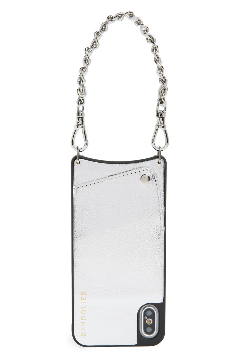 Lucy Faux Leather iPhone X/Xs Wristlet Case, Main, color, SILVER/ SILVER