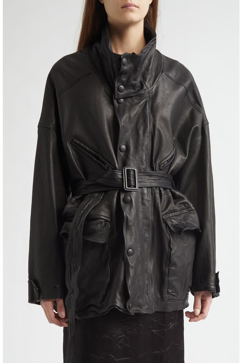 Oversize Belted Leather Coat, Main, color, NOIR