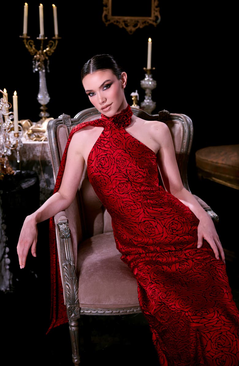 Dress the Population Olivia Floral Halter Gown, Alternate, color, Rouge Multi