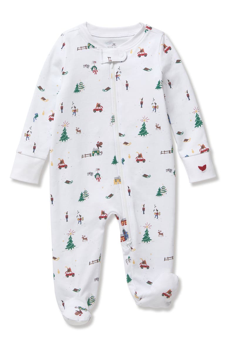 Petite Plume Holiday Town Fitted One-Piece Pima Cotton Pajamas, Main, color, White