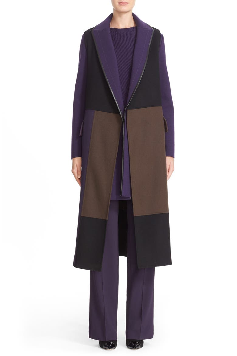 Leather Trim Merino Wool Coat, Alternate, color, PURPLE