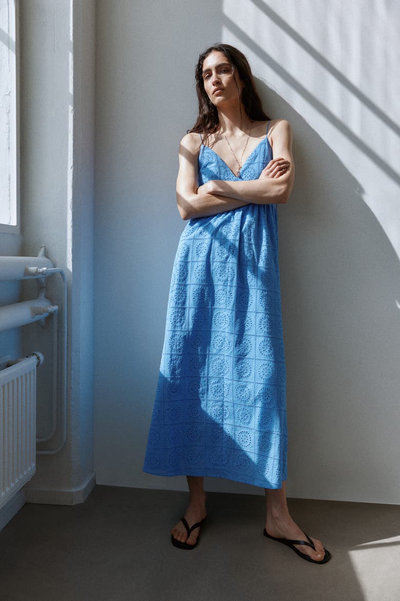 Tie-strap Broderie Anglaise Dress, Alternate, color, Blue