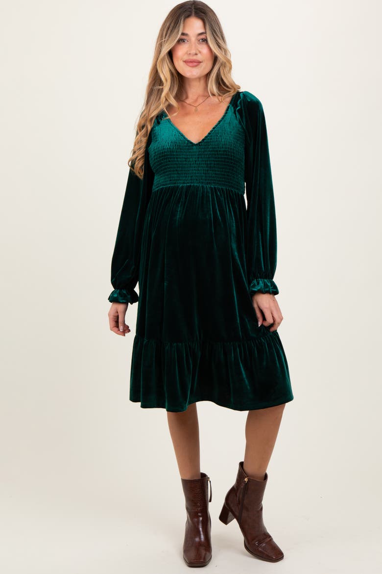 Velvet Smocked Long Sleeve Dress, Alternate, color, Forest Green