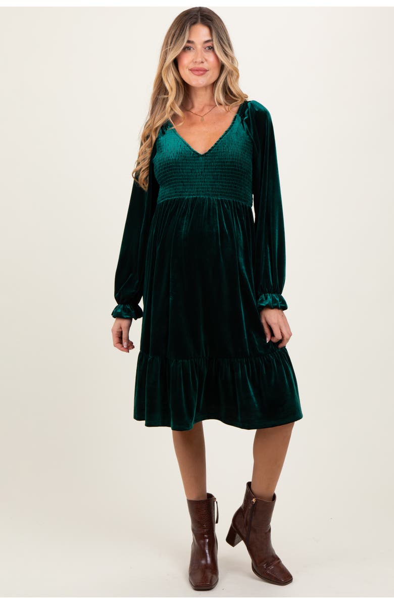 PinkBlush Velvet Smocked Long Sleeve Dress, Alternate, color, Forest Green