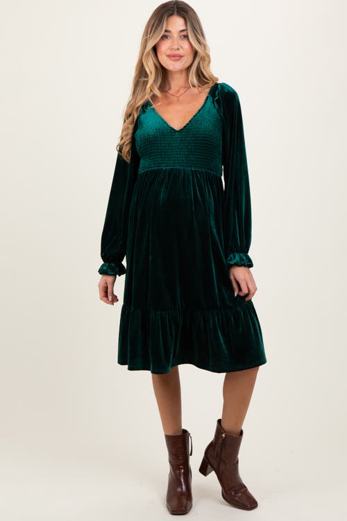 Pinkblush Velvet Smocked Long Sleeve Dress In Green