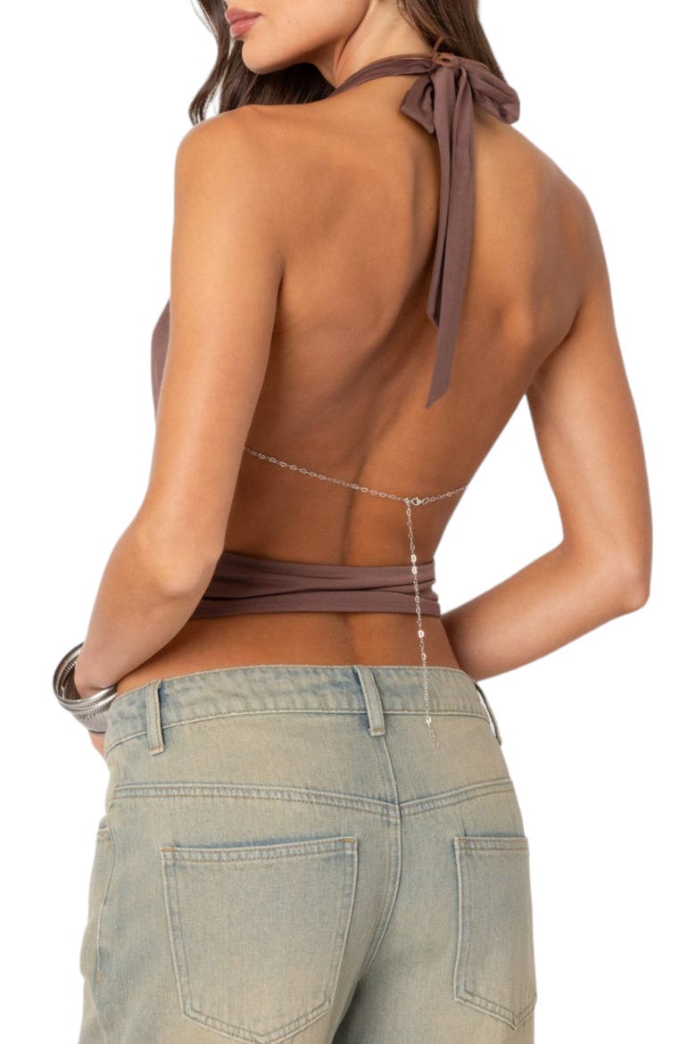 Plunge Cowl Neck Crop Halter Top, Alternate, color, BROWN
