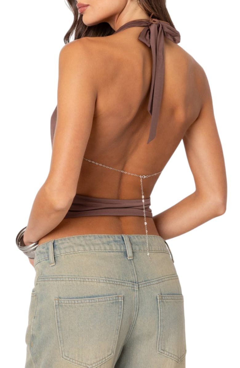 EDIKTED Plunge Cowl Neck Crop Halter Top, Alternate, color, Brown
