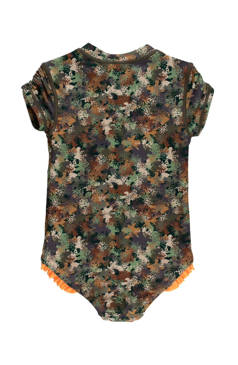 RuffleButts Girls Short Sleeve UPF50+ One Piece Rash Guard, Alternate, color, Classic Camo