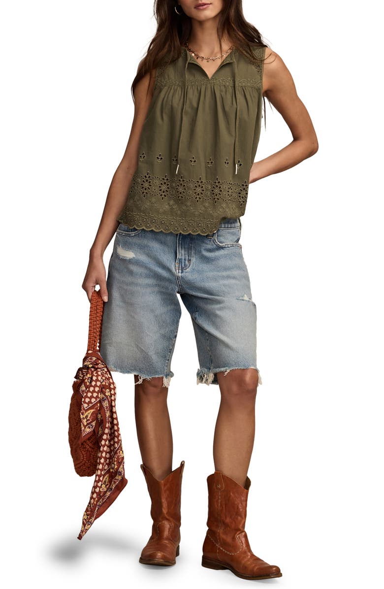 Lucky Brand Eyelet Embroidered Cotton Tank, Alternate, color, Dusty Olive