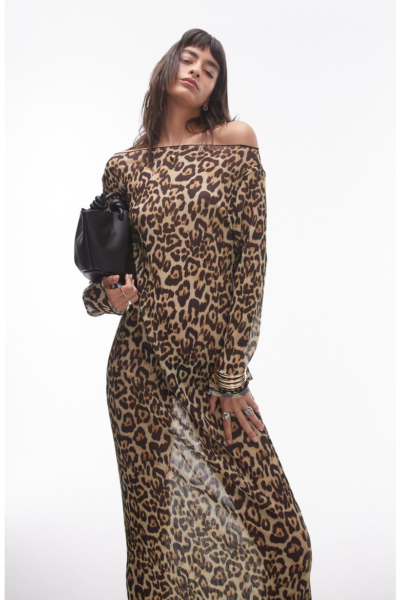 Sheer Long Sleeve Maxi Dress, Alternate, color, BROWN MULTI