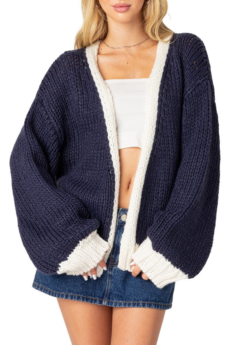 Colorblock Chunky Knit Cardigan, Main, color, NAVY