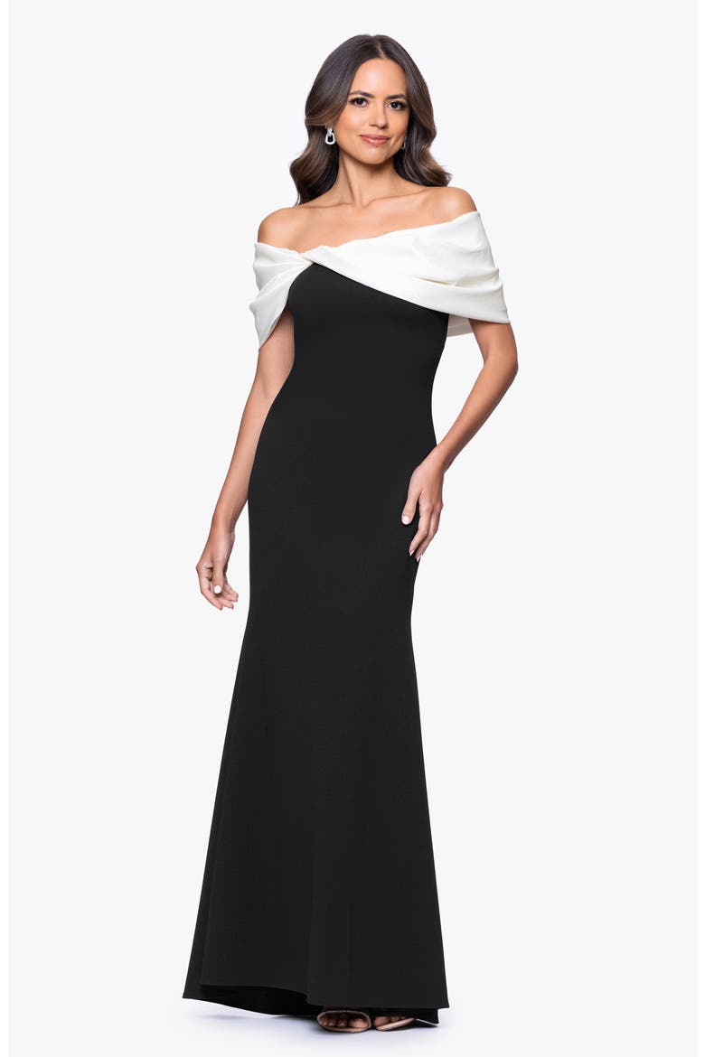 Off the Shoulder Crepe & Taffeta Sheath Gown, Alternate, color, BLACK/ WHITE
