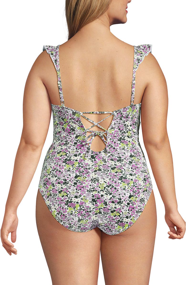 Lands' End Pique Ruffle One Piece Swimsuit, Alternate, color, White Multi Ditsy Floral