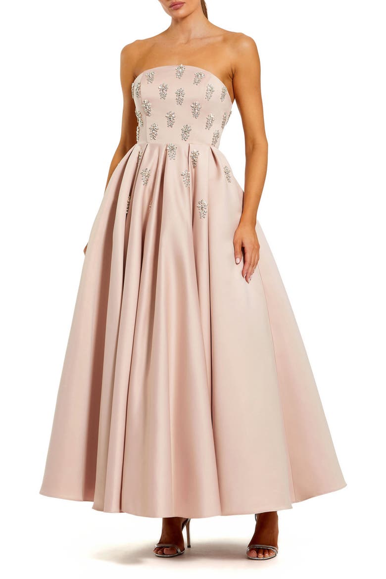 Crystal Embellished Strapless Satin A-Line Dress, Main, color, Blush