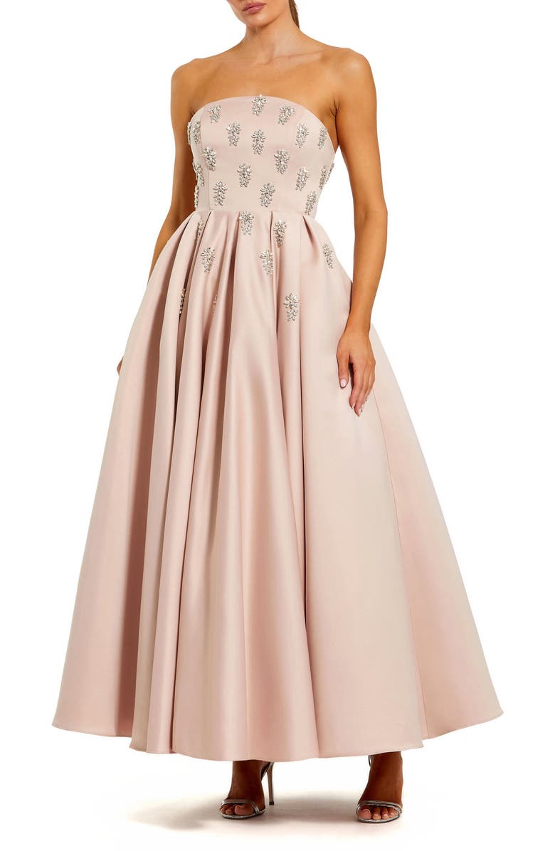 Mac Duggal Crystal Embellished Strapless Satin A-Line Dress, Main, color, Blush