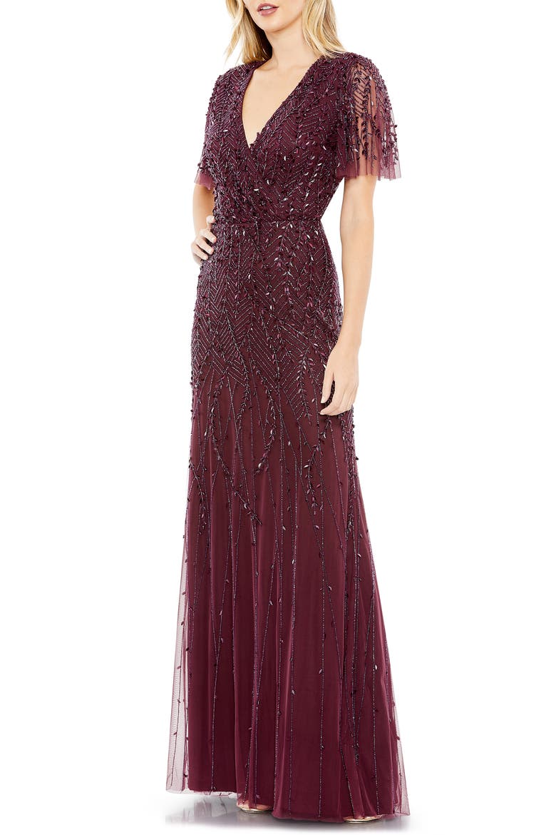 Women’s Embellished Flutter Sleeve Evening Gown, Main, color, AUBERGINE